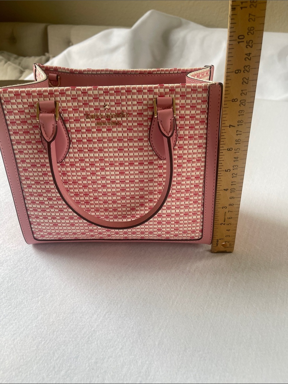 kate spade Pink and Cream Woven Top-Handle Satchel with Crossbody Strap - Picture 10 of 11
